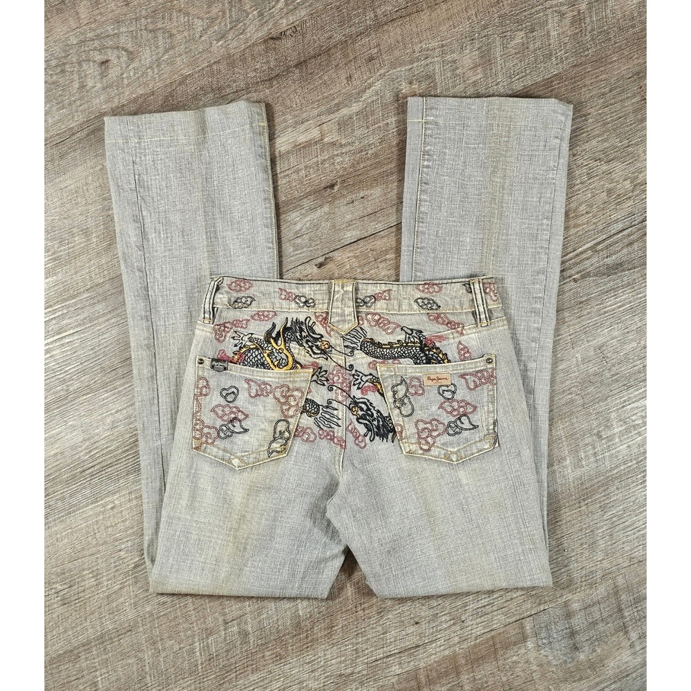 Y2K Pepe Jeans‎ London Dragon Embroidered Bootcut Flare Size 24 McBling Rare